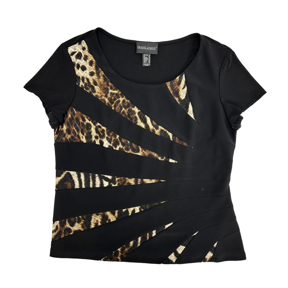 Frank Lyman Design Black Top with Leopard Print, Flattering, Curvy, NWT